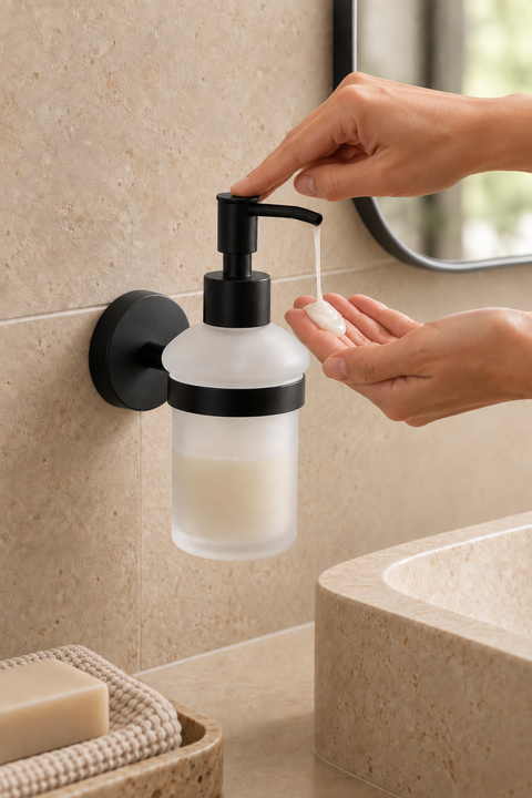 Distributeur de savon mural Solenne noir mat Azéo, vue produit 2