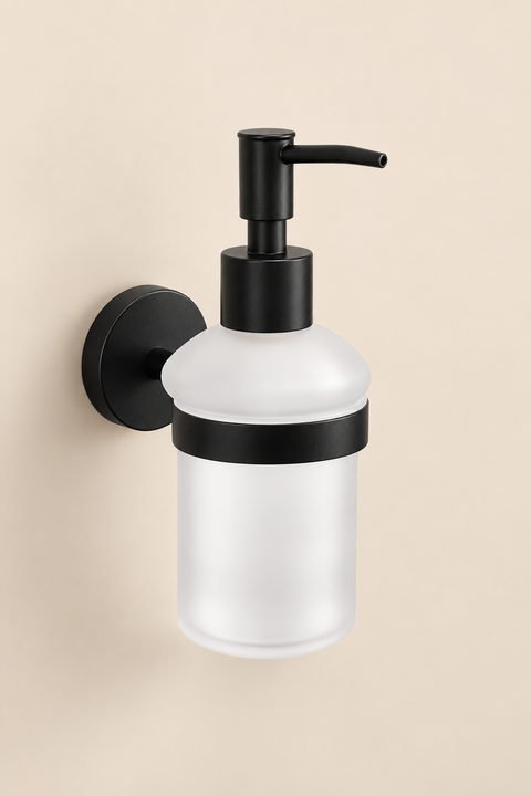 Distributeur de savon mural Solenne noir mat Azéo, vue produit avec verre dépoli