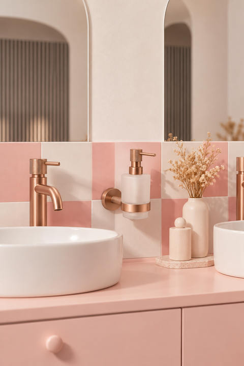 Distributeur de savon mural Solenne or rose brossé Azéo, en situation dans une salle de bain