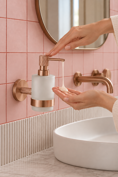 Distributeur de savon mural Solenne or rose brossé Azéo, en utilisation près d'une vasque