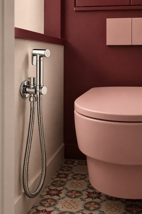 Douchette hygiénique WC Idrane chromée Azéo, en situation à côté d'un WC suspendu