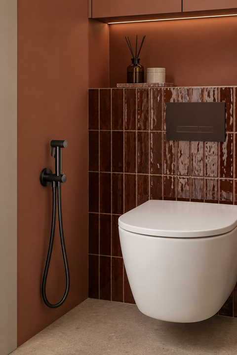 Douchette hygiénique WC Idrane noire Azéo, en situation dans des toilettes