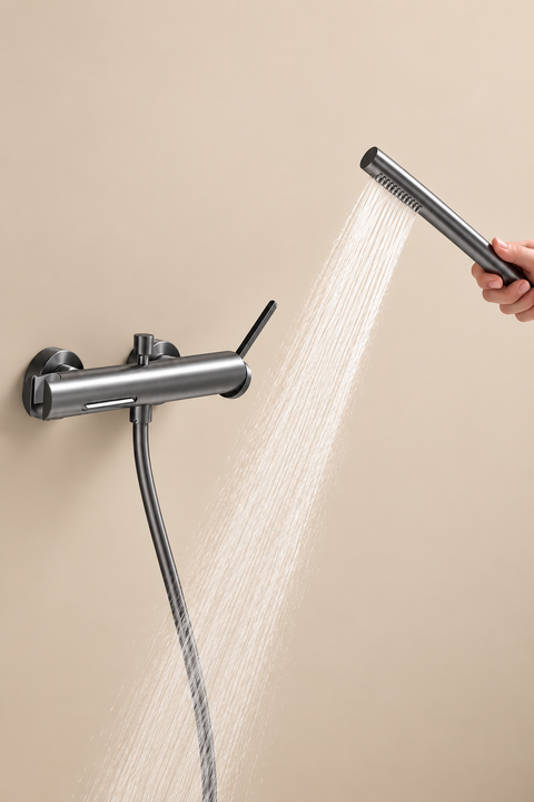 Mitigeur bain-douche mural Ravna gris anthracite Azéo, douchette utilisée à la main