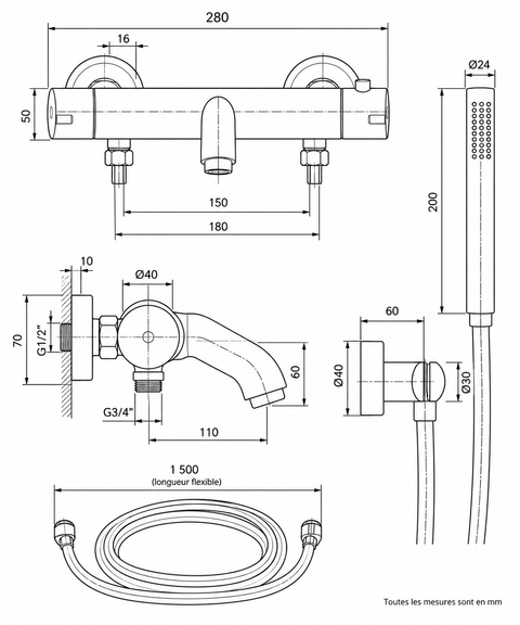 Mitigeur de bain thermostatique avec douchette Tamaris Azéo, schéma technique coté