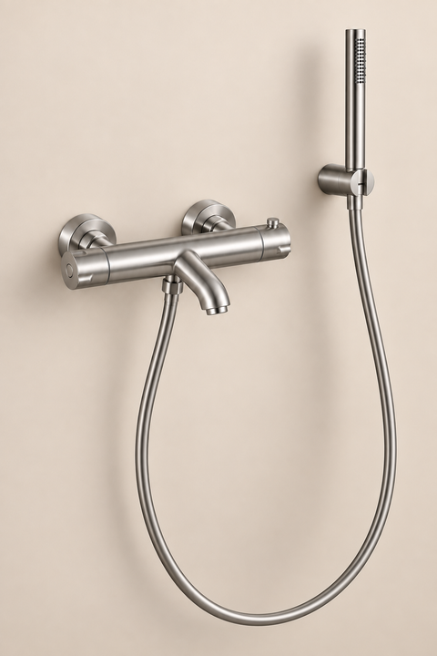 Mitigeur de bain thermostatique avec douchette Tamaris gris brossé Azéo — en situation