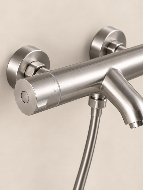 Mitigeur de bain thermostatique avec douchette Tamaris gris brossé Azéo — gros plan sur le mitigeur
