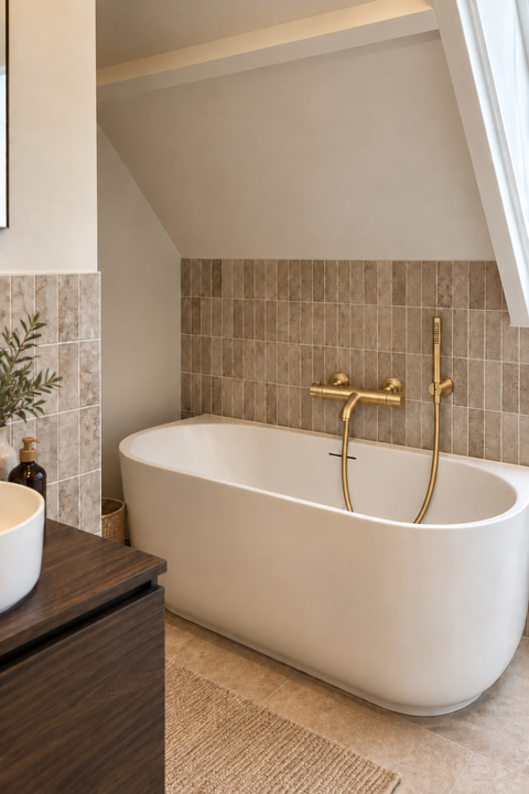 Mitigeur de bain thermostatique avec douchette Tamaris or brossé Azéo — détail du flexible