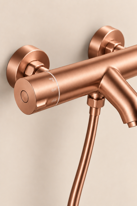 Mitigeur de bain thermostatique avec douchette Tamaris or rose brossé Azéo — gros plan sur le mitigeur