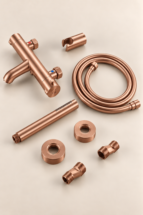 Mitigeur de bain thermostatique avec douchette Tamaris or rose brossé Azéo — kit démonté, composants