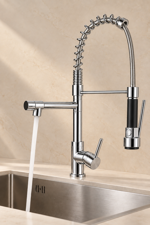 Mitigeur de cuisine double fonction Torvel chromé Azéo, eau coulant du bec pivotant au-dessus d'un évier inox