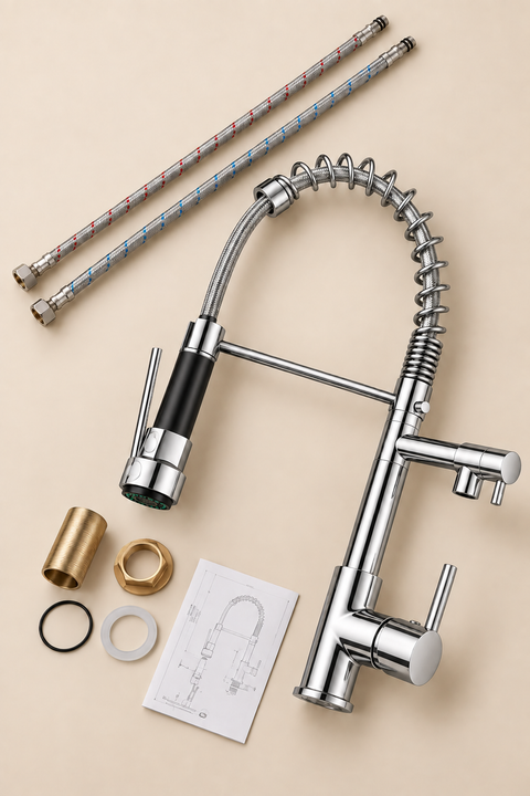 Mitigeur de cuisine double fonction Torvel chromé Azéo, contenu du kit : mitigeur, flexibles, pièces de fixation et notice
