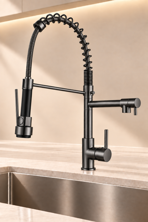 Mitigeur de cuisine double fonction Torvel gris anthracite Azéo, en situation sur un évier inox