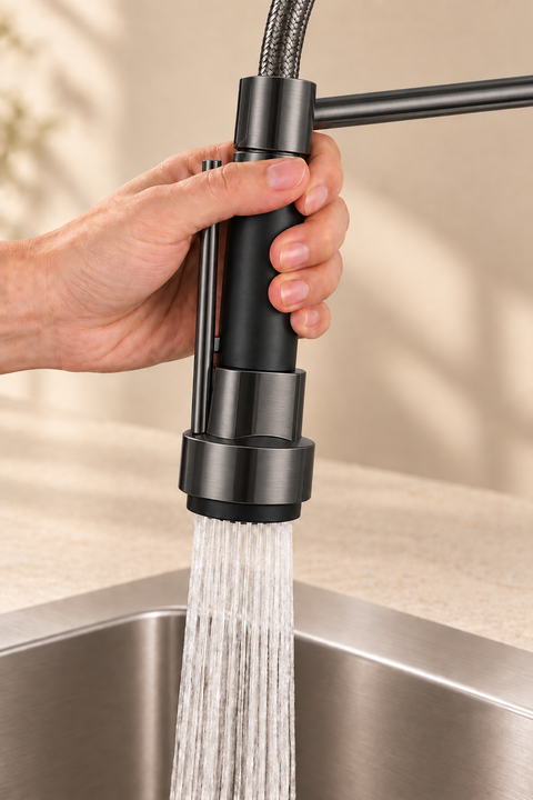 Mitigeur de cuisine double fonction Torvel gris anthracite Azéo, gros plan sur la douchette en main, jet pluie