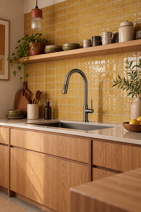 Mitigeur de cuisine rétractable Vaelis gris anthracite Azéo — mise en situation