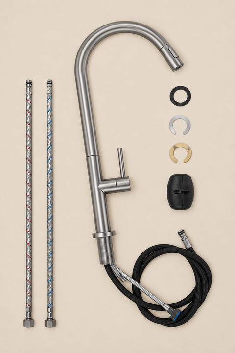 Mitigeur de cuisine rétractable Vaelis gris brossé Azéo — éléments du kit