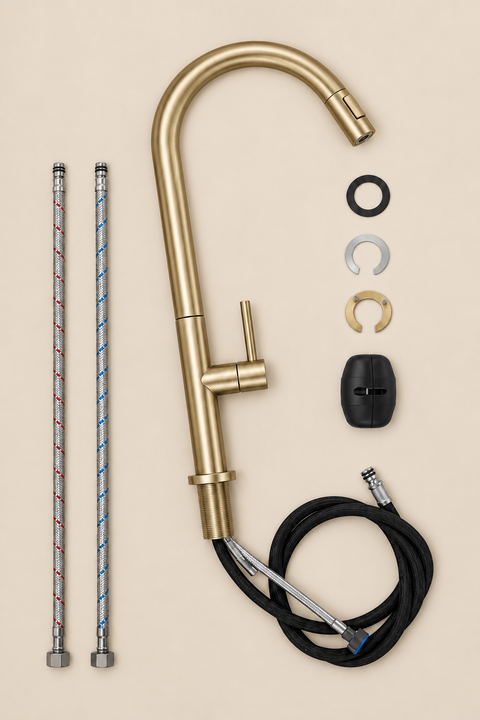 Mitigeur de cuisine rétractable Vaelis or brossé Azéo — éléments du kit
