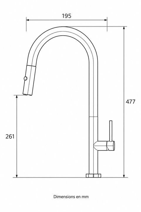 Mitigeur de cuisine rétractable Vaelis Azéo — plan coté en mm : hauteur 477, hauteur sous bec 261, portée 195, douchette extractible
