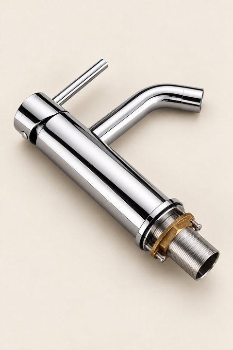 Mitigeur lavabo bas design Mireva chromé Azéo — mitigeur allongé à plat sur fond crème, vu en plongée, avec sa tige filetée et l'écrou de fixation en laiton