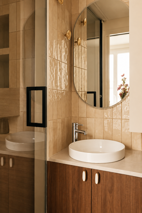 Mitigeur lavabo bas design Mireva chromé Azéo — sur une vasque ronde blanche à poser, zellige beige, miroir arrondi et meuble en noyer