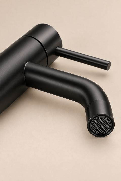 Mitigeur lavabo bas design Mireva noir mat Azéo — gros plan en plongée sur le bec courbé, l'aérateur nid d'abeille et le levier