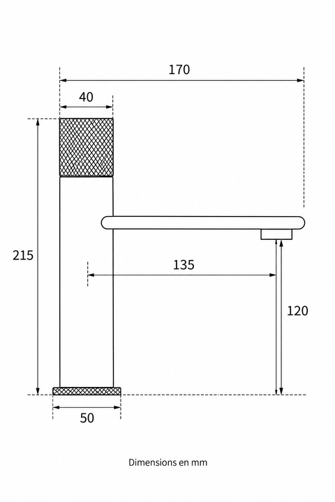 Mitigeur lavabo bec plat Elwen Azéo — plan coté en mm : hauteur 215, bec 170, portée 135, hauteur sous bec 120, base Ø 50