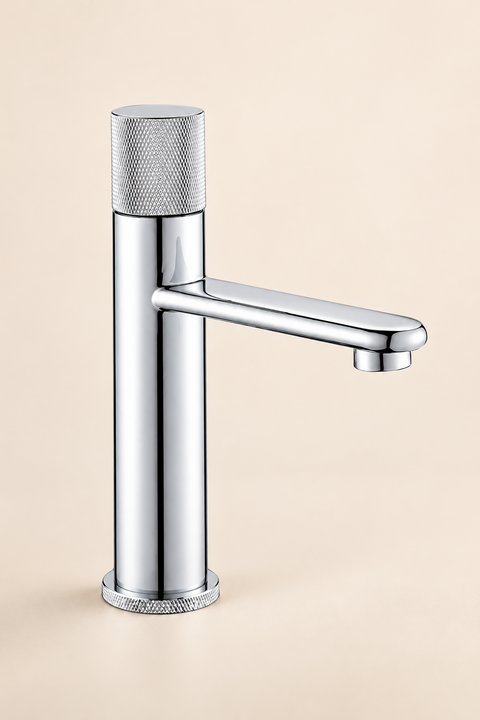 Mitigeur lavabo bec plat Elwen chromé Azéo, version basse avec commande à molette crantée