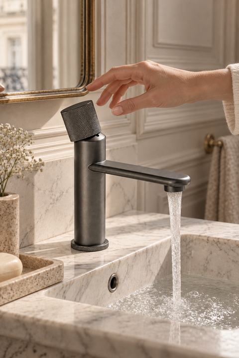 Mitigeur lavabo bec plat Elwen gris anthracite Azéo, en situation dans une salle de bain haussmannienne