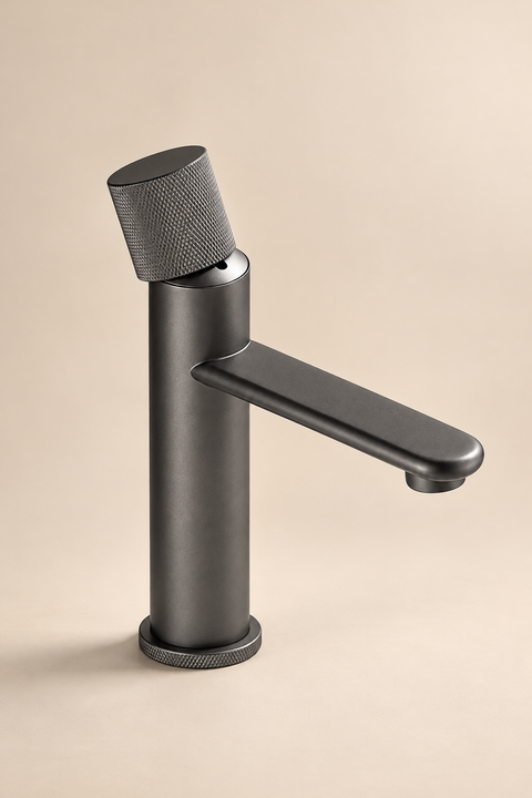 Mitigeur lavabo bec plat Elwen gris anthracite Azéo, version basse avec commande à molette crantée