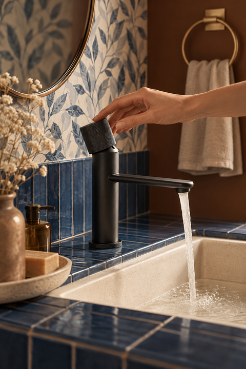 Mitigeur lavabo bec plat Elwen noir mat Azéo, en situation sur un plan carrelé bleu