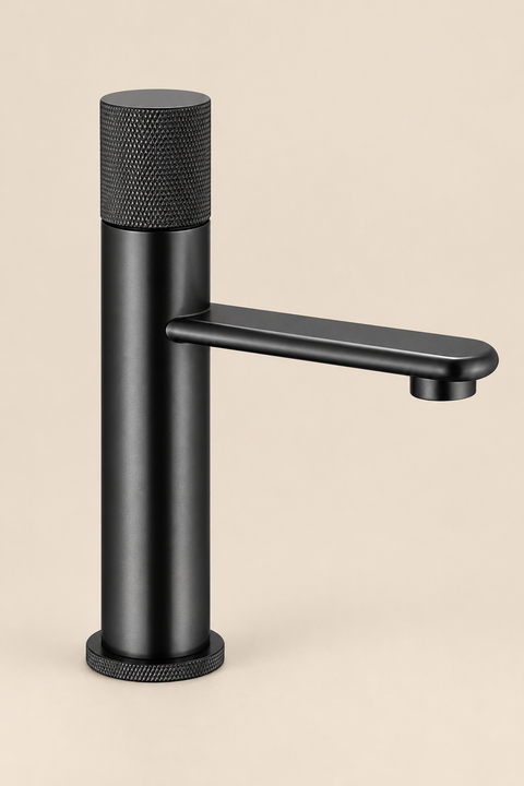 Mitigeur lavabo bec plat Elwen noir mat Azéo, version basse avec commande à molette crantée