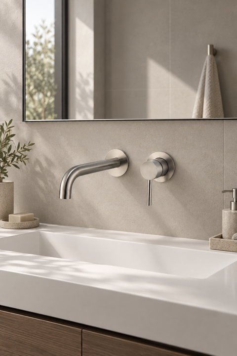 Mitigeur lavabo encastré mural Talyn gris brossé Azéo — mise en situation