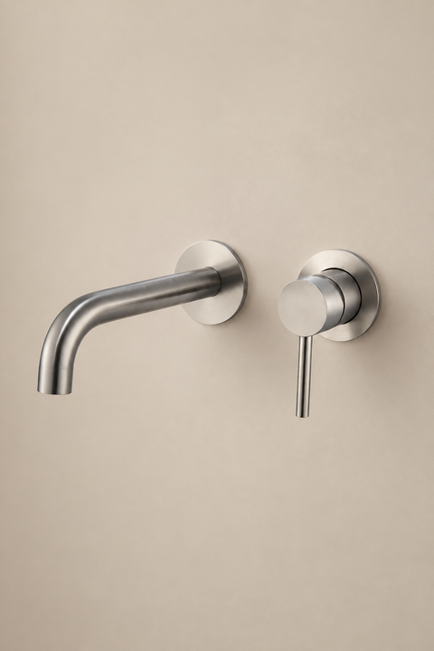 Mitigeur lavabo encastré mural Talyn gris brossé Azéo — vue d'ensemble