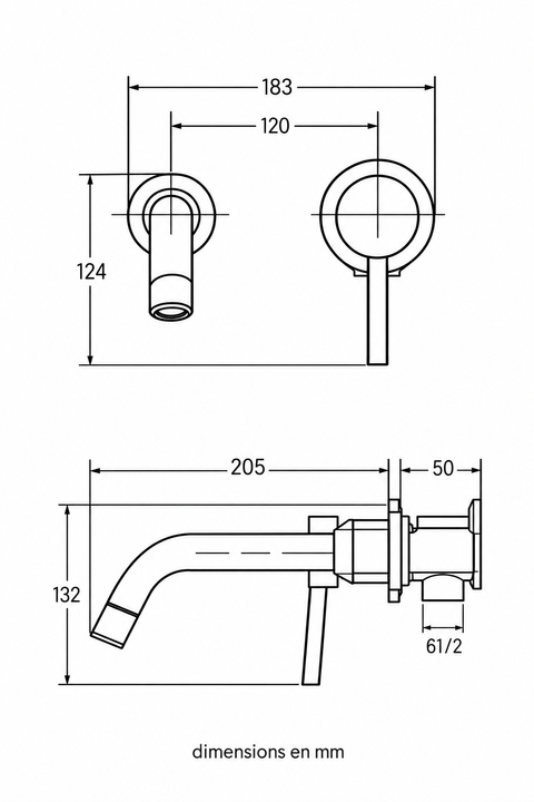 Mitigeur lavabo encastré mural Ysel Azéo — plan coté en mm : entraxe 120, largeur 183, hauteur 124, bec 205, raccords 1/2"