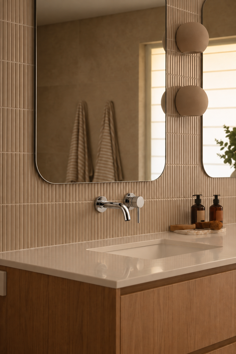 Mitigeur lavabo encastré mural Ysel chromé Azéo — au-dessus d'une vasque encastrée, carrelage beige vertical, grand miroir arrondi et appliques boules