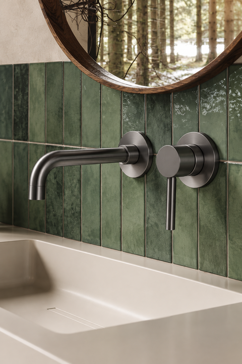 Mitigeur lavabo encastré mural Ysel gris anthracite Azéo — au-dessus d'une vasque blanche, carrelage vert foncé vertical et miroir rond cadre bois