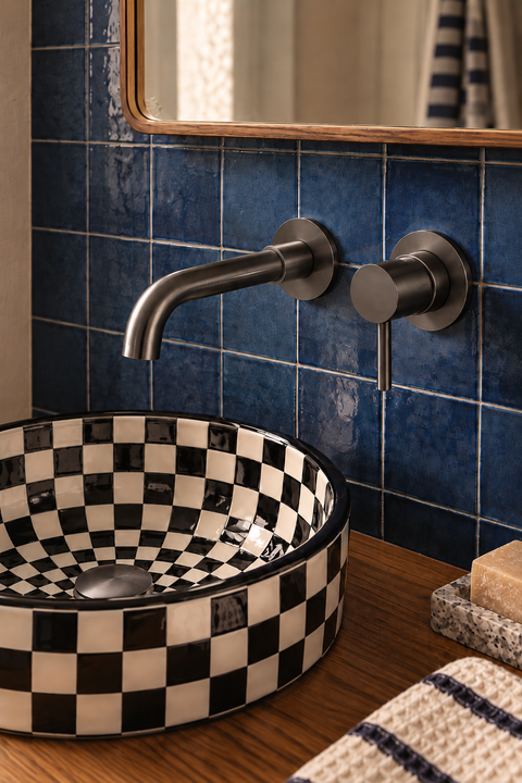 Mitigeur lavabo encastré mural Ysel gris anthracite Azéo — au-dessus d'une vasque à poser en damier noir et blanc, carrelage bleu et plan en bois
