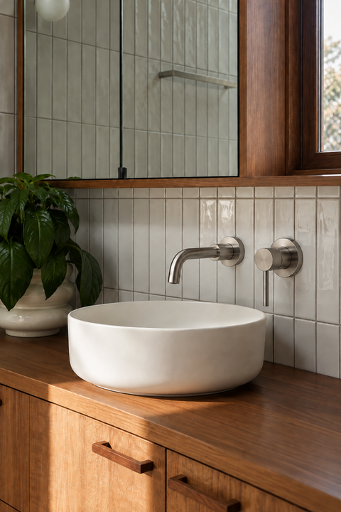 Mitigeur lavabo encastré mural Ysel gris brossé Azéo — au-dessus d'une vasque ronde blanche sur plan en bois, carrelage blanc vertical et plante verte