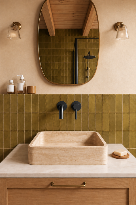 Mitigeur lavabo encastré mural Ysel noir mat Azéo — au-dessus d'une vasque en travertin, carrelage vert olive, miroir arrondi cadre laiton et meuble en chêne