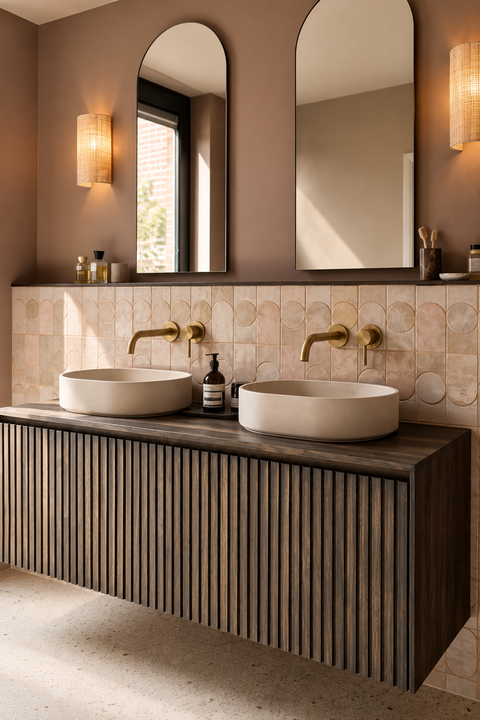 Mitigeur lavabo encastré mural Ysel or brossé Azéo — deux mitigeurs sur une double vasque ronde, meuble cannelé en bois foncé, miroirs en arche et appliques en rotin