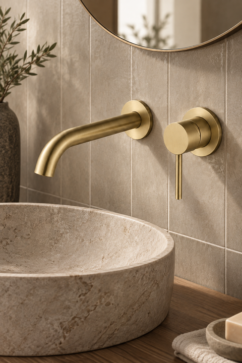 Mitigeur lavabo encastré mural Ysel or brossé Azéo — au-dessus d'une vasque ronde en pierre beige, carrelage beige vertical et miroir rond cadre laiton