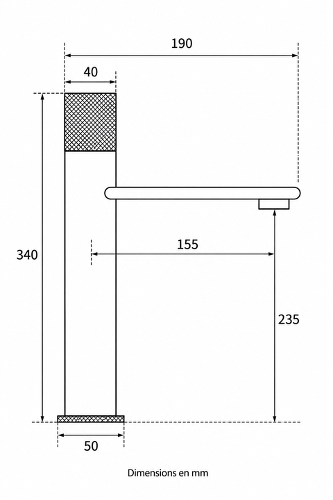 Mitigeur lavabo haut bec plat Ostenne Azéo — plan coté en mm : hauteur 340, bec 190, portée 155, hauteur sous bec 235, base Ø 50
