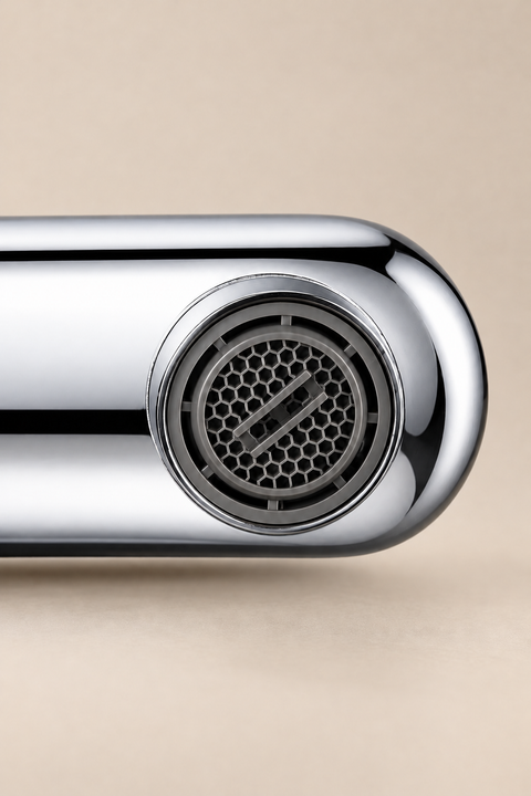 Mitigeur lavabo haut bec plat Ostenne chromé Azéo — macro de la sortie du bec plat chromé et de son aérateur