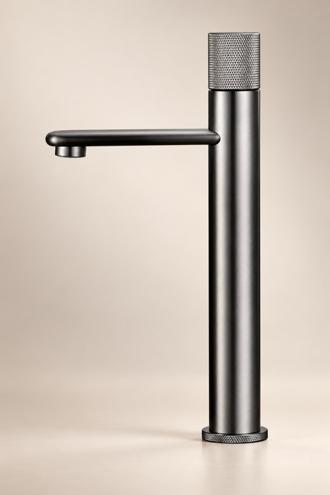 Mitigeur lavabo haut bec plat Ostenne gris anthracite Azéo — vue de profil, bec plat vers la gauche, molette crantée et base crantée