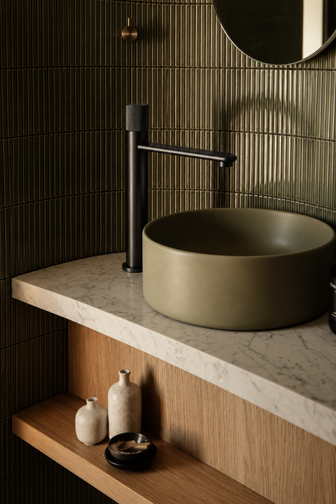 Mitigeur lavabo haut bec plat Ostenne noir mat Azéo — à côté d'une vasque ronde vert olive sur plan en marbre blanc, carrelage cannelé vert foncé