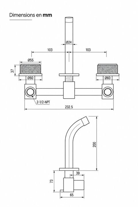 Mitigeur lavabo mural encastré double poignée Havren Azéo — plan coté en mm : entraxe 2 × 103, largeur 232,5, poignées Ø 55, rosaces Ø 60, bec Ø 24 et saillie 200