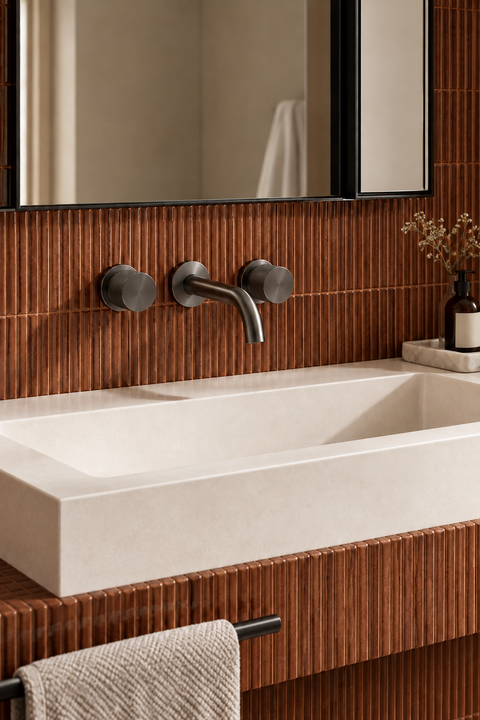 Mitigeur lavabo mural encastré double poignée Havren gris anthracite Azéo — au-dessus d'une vasque rectangulaire en pierre beige, carrelage cannelé terracotta et miroir noir