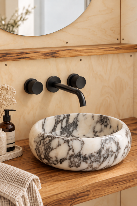 Mitigeur lavabo mural encastré double poignée Havren noir mat Azéo — au-dessus d'une vasque ronde en marbre blanc veiné noir sur une tablette en bois brut