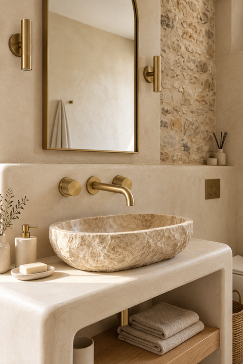 Mitigeur lavabo mural encastré double poignée Havren or brossé Azéo — au-dessus d'une vasque en pierre brute sur plan enduit blanc, mur en pierre, miroir en arche et appliques dorées