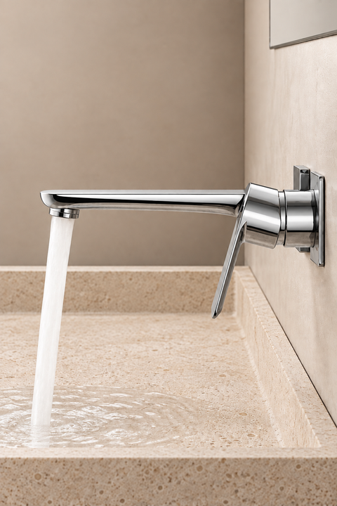 Mitigeur lavabo mural encastré Brenna chromé Azéo, vue de profil avec écoulement