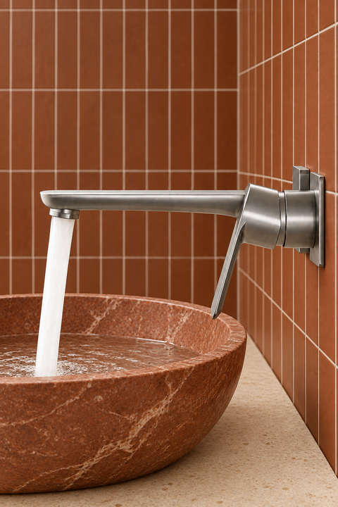 Mitigeur lavabo mural encastré Brenna gris anthracite Azéo, en situation sur vasque en pierre terracotta
